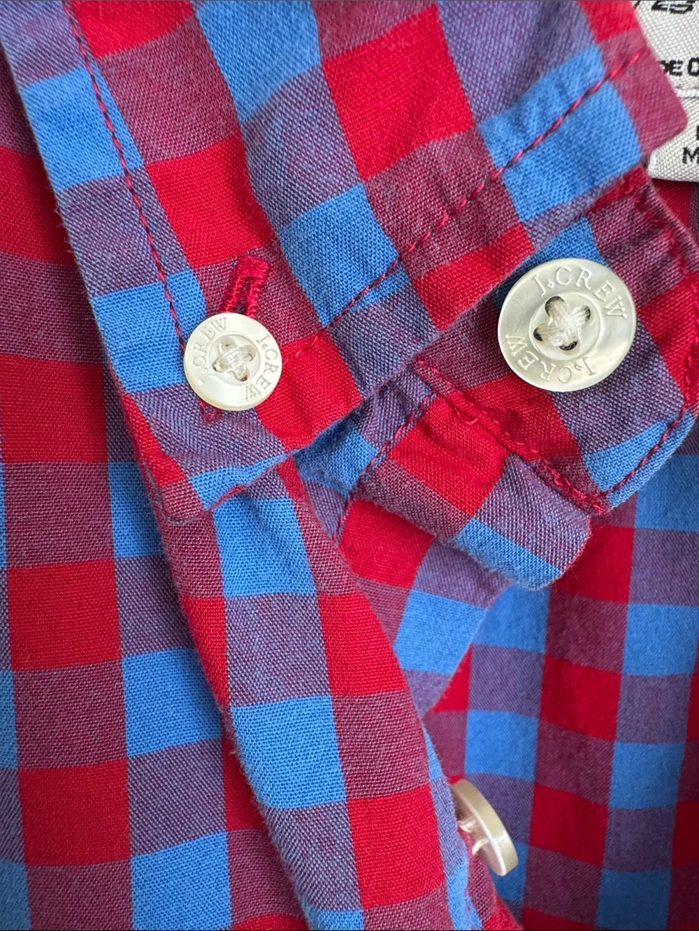 J.Crew Tailored Gingham Check Button Down Shirt Red Blue 100% Cotton Size L